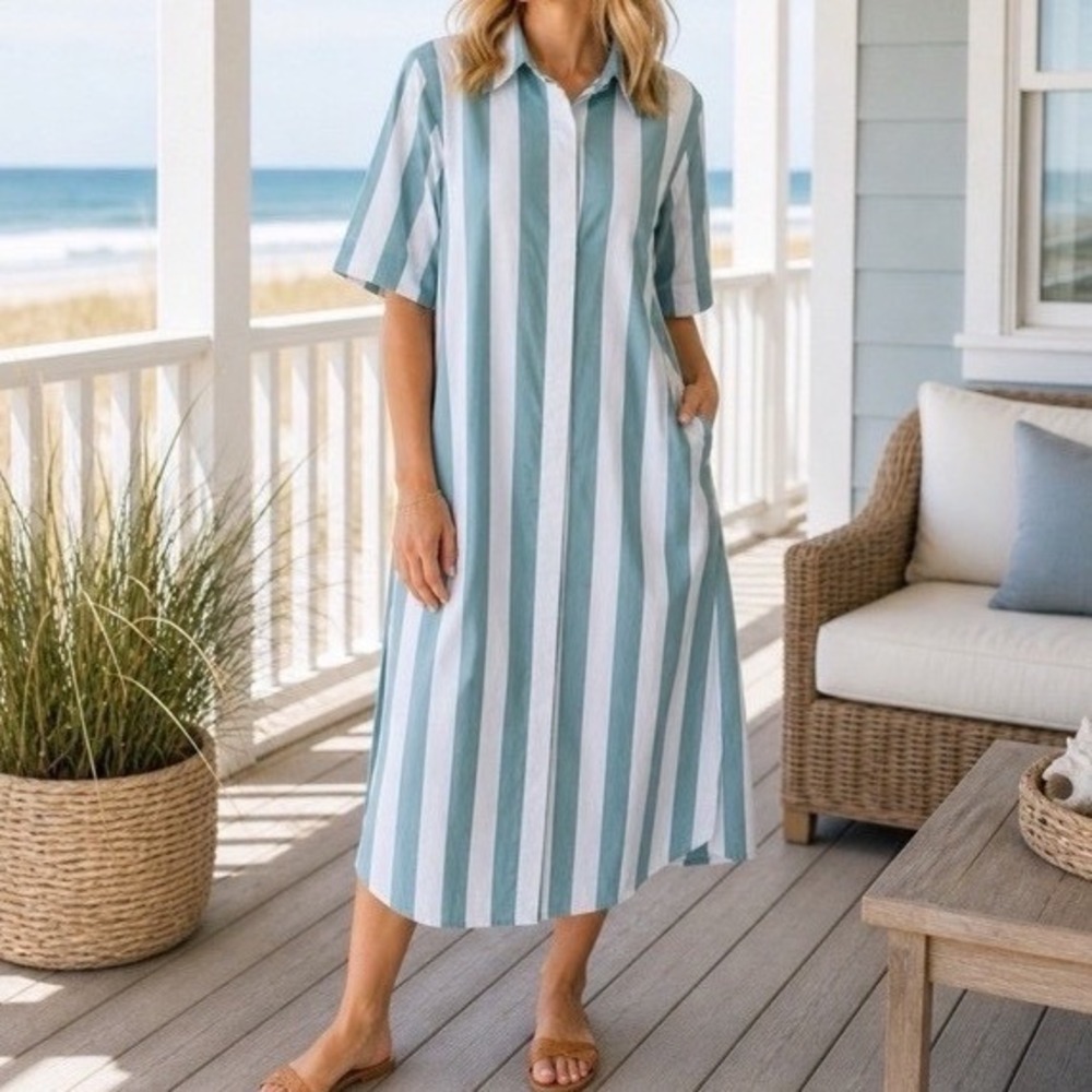 Atlantic-Pacific x LAKE Striped Shirt Dress Teal White Midi Cotton Medium cc